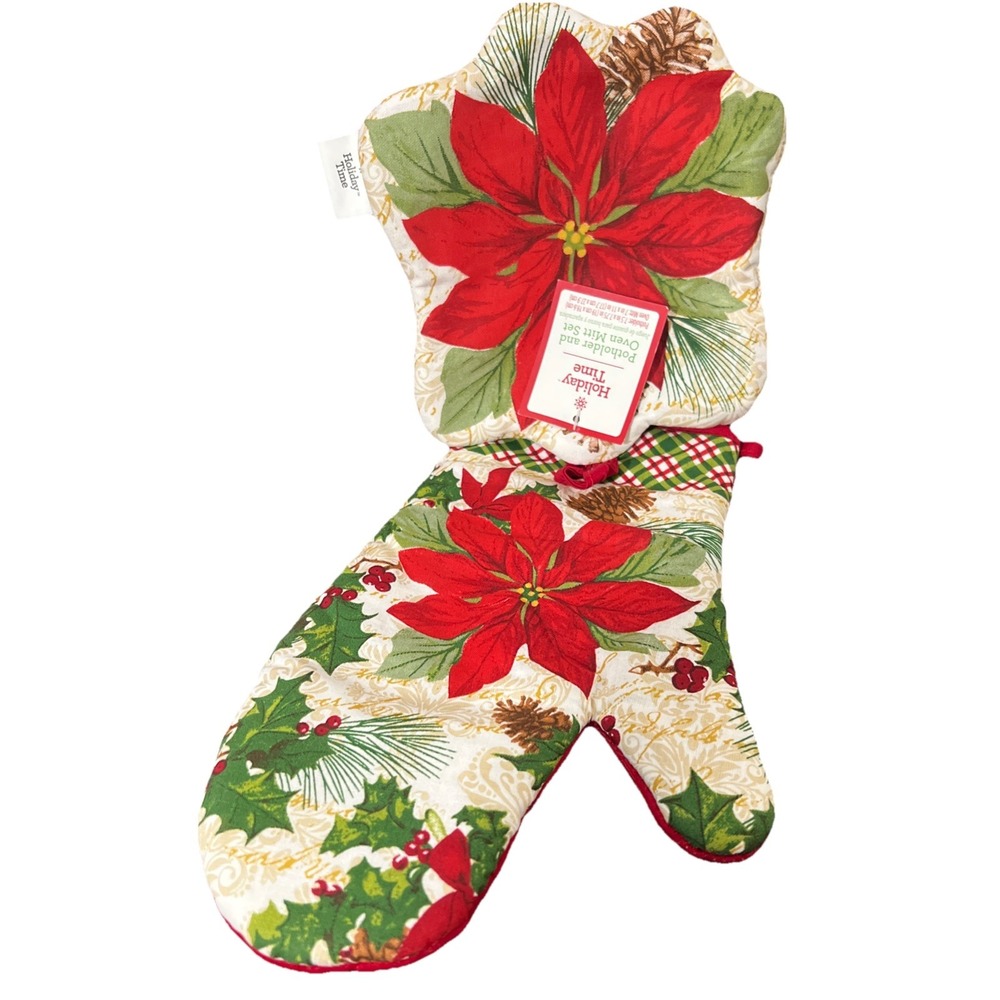 Holiday Time Christmas POINTSETAS Oven Mitt & Hot Pad New